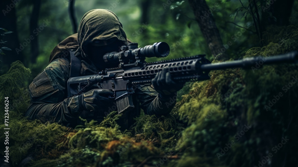 Sniper in the forest. Neural network AI generated art Sniper in the forest. Neural network AI generated art