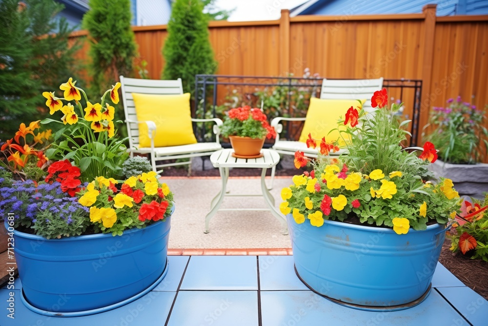 metal container gardens with colorful flowers on patio