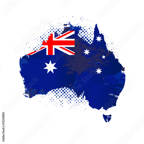 Map of Australia with textured grunge flag and dots. Silhouette of Australian map with national flag. Vector illustration