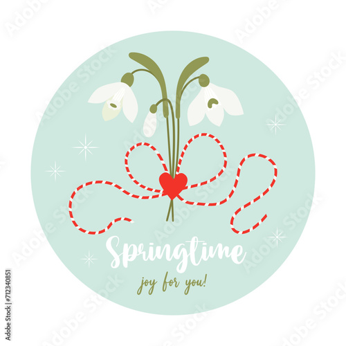 Martisor. Springtime. Traditional holiday red and white accessory Martenitsa with bouquet of snowdrop flowers. Symbol for spring beginning. 1 March. Vector illustration in flat style. photo