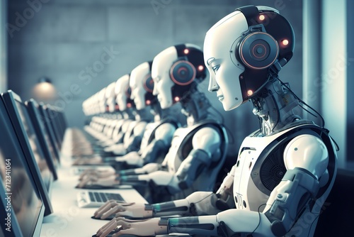 Futuristic service, robots at work in a call center photo