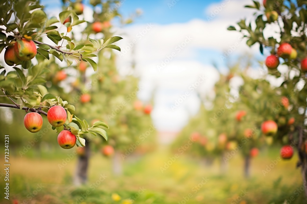 ripe apple orchard with red apples and fall foliage