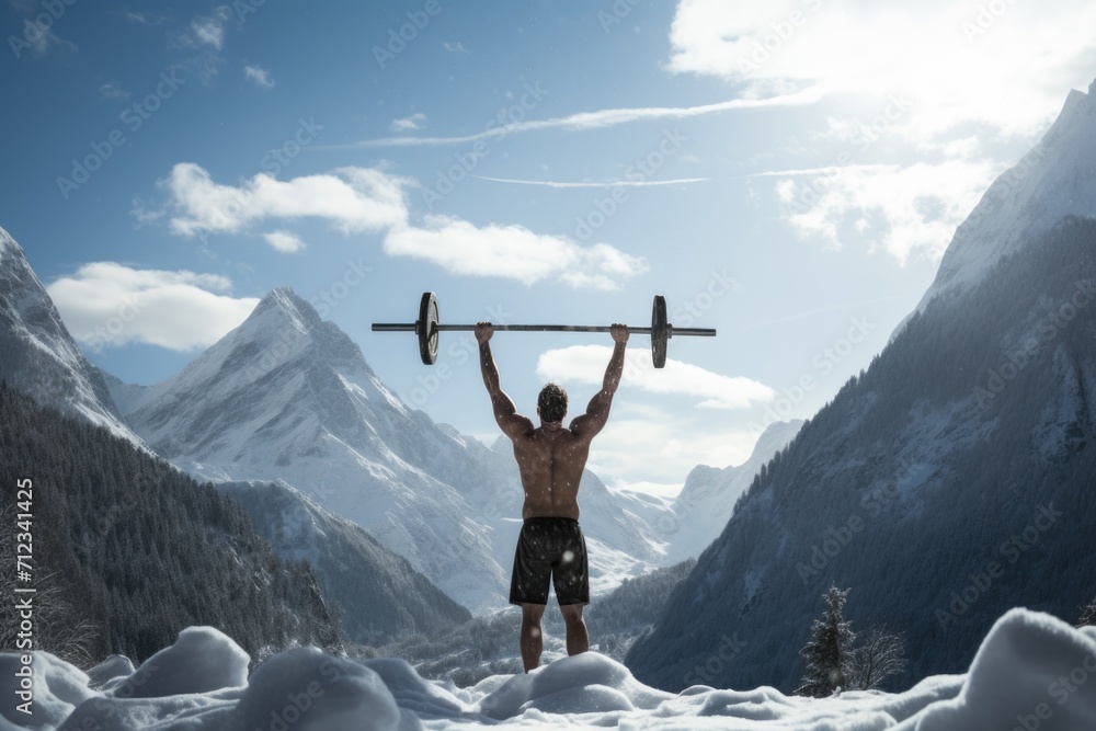 A beefy man with a strong athletic build with a naked torso in shorts lifts a barbell against the background of snowy mountains - obrazy, fototapety, plakaty 