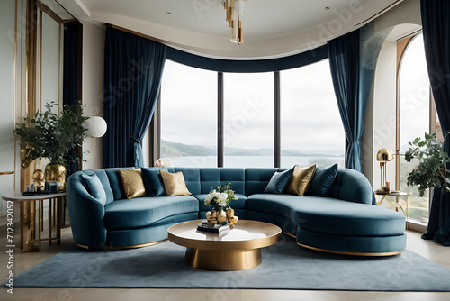 The minimalist home interior design of modern living room. Luxury blue curved sofa and golden coffee tables against the bay window. photo