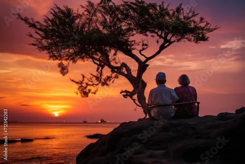 Silhouette of an elderly couple waiting for a colorful sunset sitting by the ocean