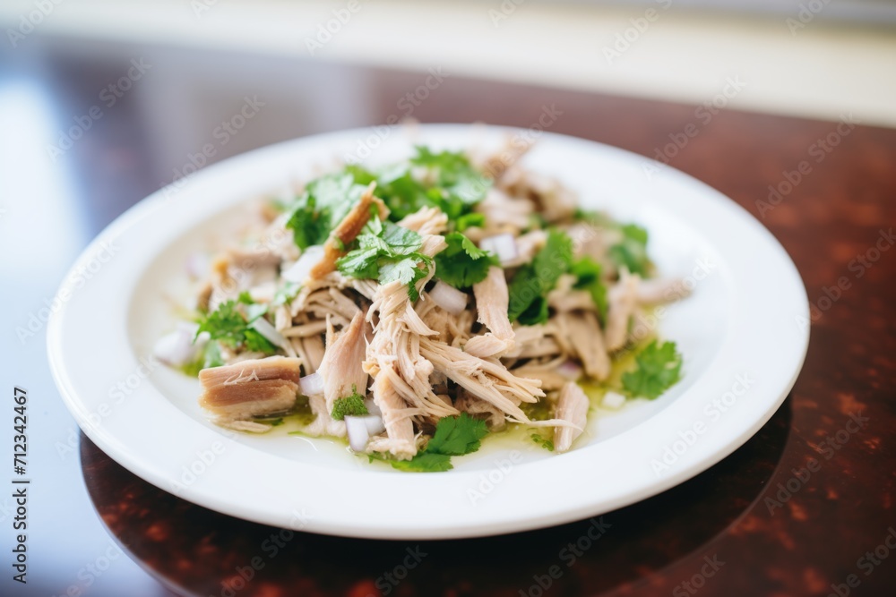 carnitas with chopped cilantro and diced onion on plate