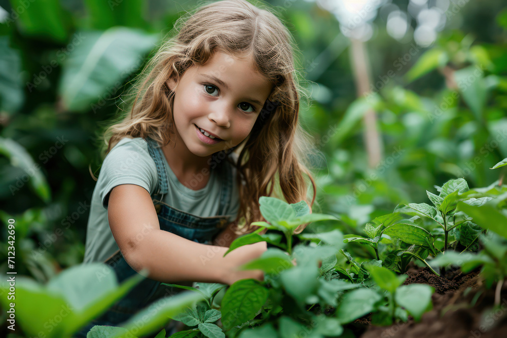 Happy Girl Gardening in the Green Summer Nature with Cute Organic Plants Happy Girl Gardening in the Green Summer Nature with Cute Organic Plants
