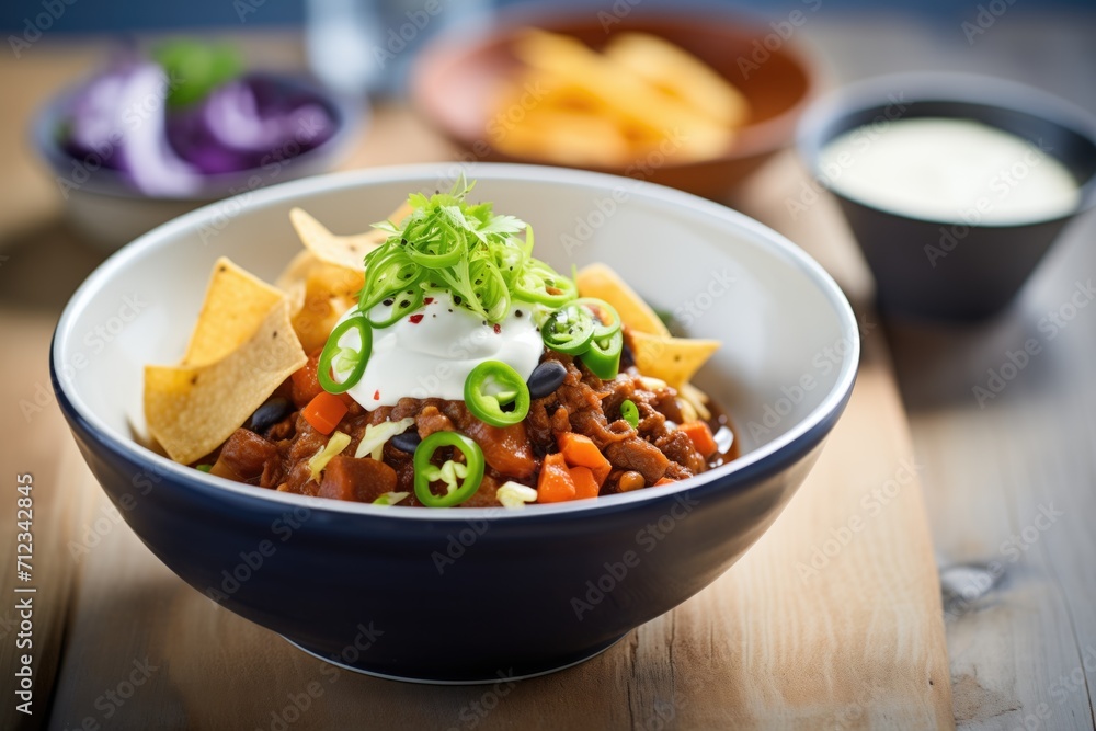 bowl of chili with cheese and sour cream toppings bowl of chili with cheese and sour cream toppings