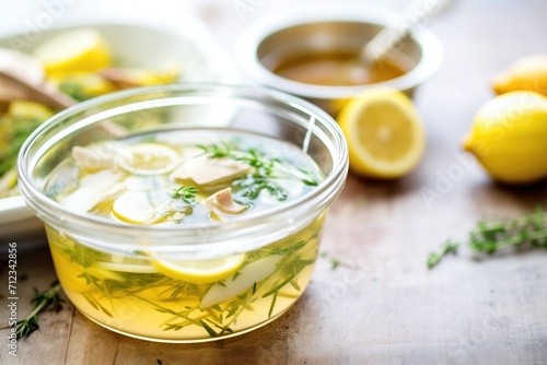 clear detox broth with floating herbs and lemon slices, detoxifying