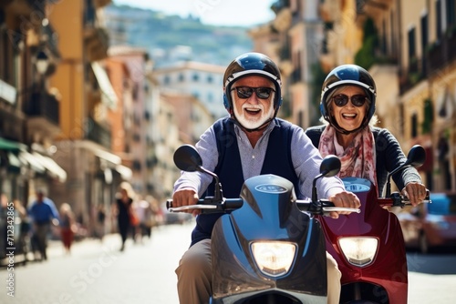 An elderly cheerful emotional couple in oscars rides a scooter along a city street photo
