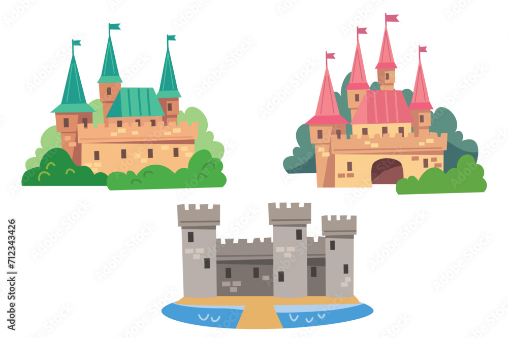 Fortress, fort, castle. Vector set, collection with cartoon flat images. Illustration for children with fairy castle. Medieval fairytale magical magic fortress fort royal palace.