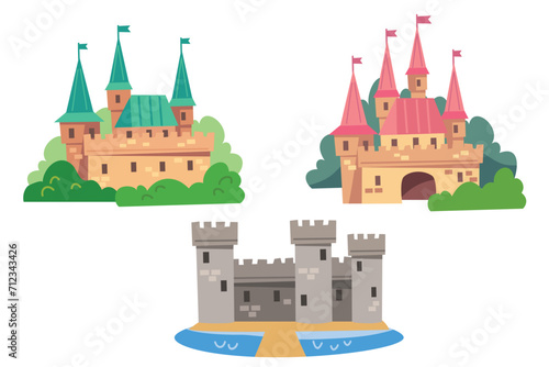 Fortress, fort, castle. Vector set, collection with cartoon flat images. Illustration for children with fairy castle. Medieval fairytale magical magic fortress fort royal palace.