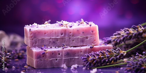 Handmade lavender soap lilac background lavender .