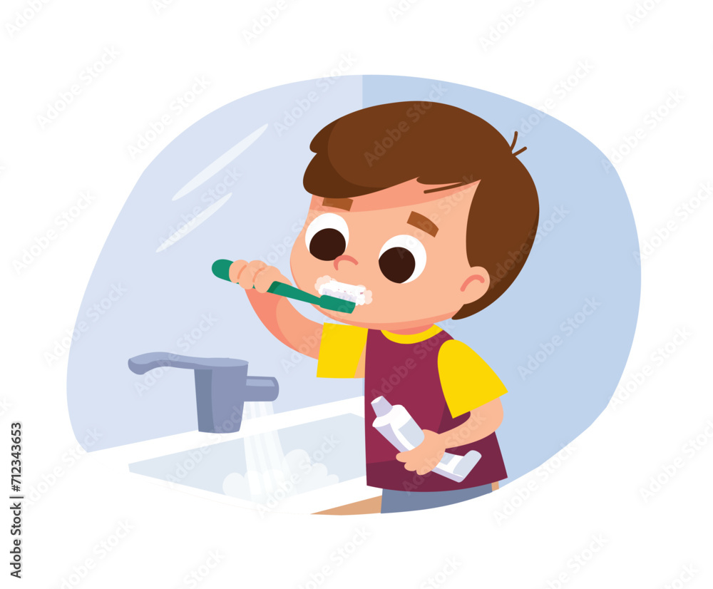 Boy brushing his teeth with toothpaste and tooth brush. Dental care. Proper teeth cleaning. Daily hygiene routines.