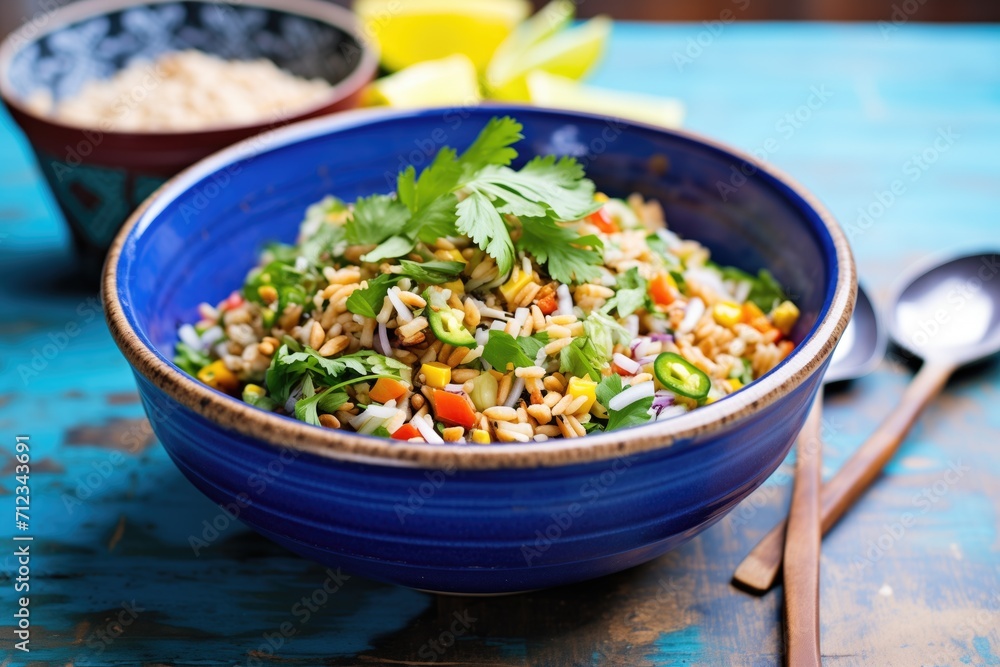 farro salad with corn kernels and cilantro in a blue bowl farro salad with corn kernels and cilantro in a blue bowl