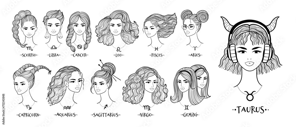 Vector illustrations collection of zodiac signs line art female face portraits