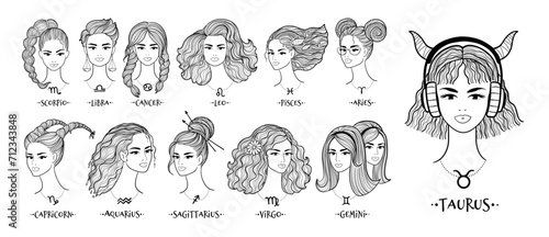 Vector illustrations collection of zodiac signs line art female face portraits