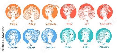 Vector illustrations set of zodiac signs line art female face portraits with colors of elements photo