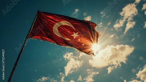 The flag of Turkey flutters in the wind against a bright blue sky. Created with Generative Ai technology. photo