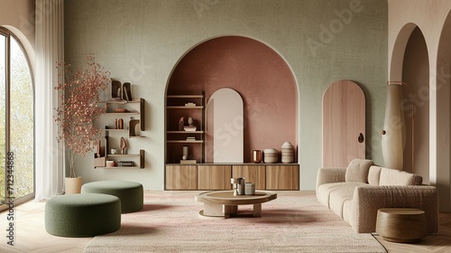 3d mockups scene for modern living room, in the style of pastel toned, arched doorways, light emerald and light brown, organic texture, light crimson and beige, modern