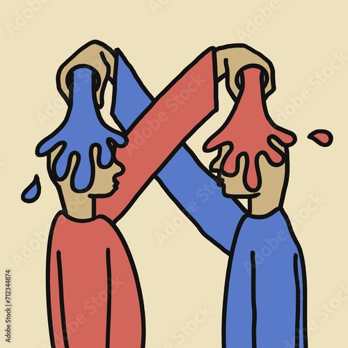 two persons dripping color on each other