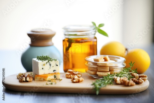 halloumi cheese blocks beside a jar of honey and walnuts