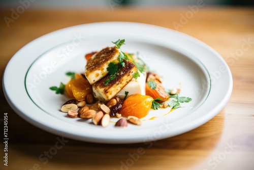 halloumi cheese with roasted almonds and dried apricots