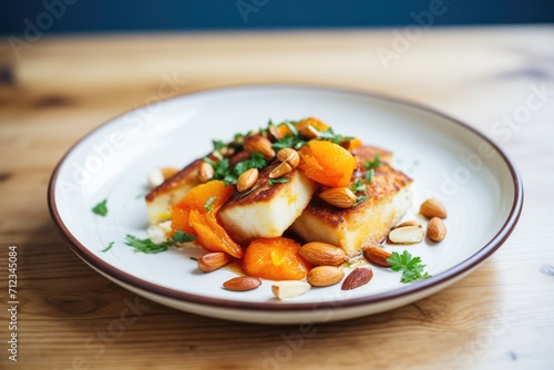 halloumi cheese with roasted almonds and dried apricots