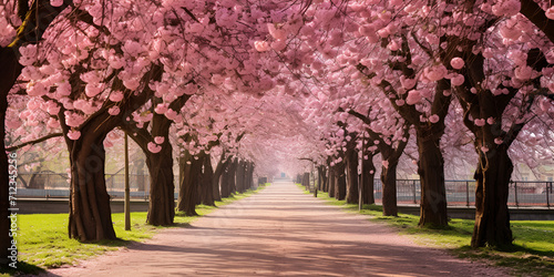 A path lined with cherry blossom trees
 photo