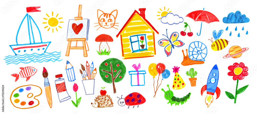 Felt pen vector illustrations set of child drawings. Art supplies, animals and nature Felt pen vector illustrations set of child drawings. Art supplies, animals and nature