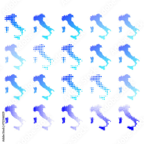 Map of Italy made with round blue dots on a blank background. Original mosaic illustration