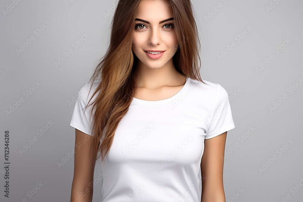 Obraz premium Woman in White Tshirt Mockup created with Generative AI