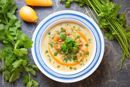 top view of lentil soup garnished with parsley