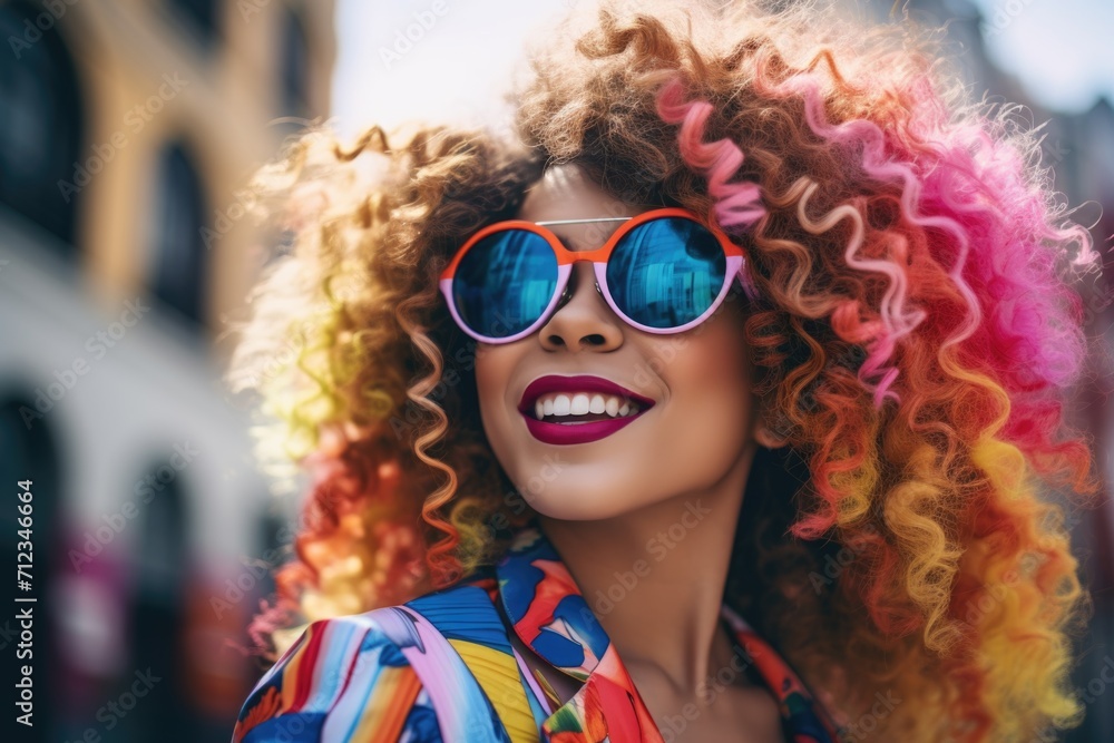portrait of a curly-haired cheerful girl in sunglasses on a city street
