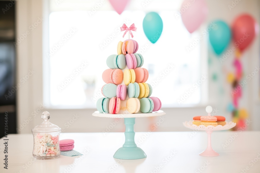 macaron tower on cake stand, party setting macaron tower on cake stand, party setting