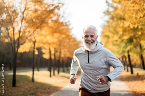 An elderly gray-haired man jogging in an autumn park