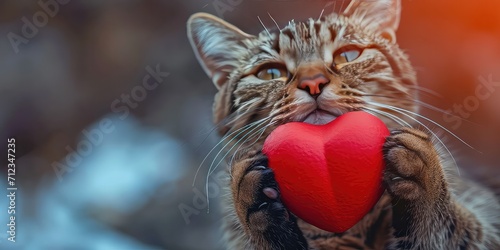 Adorable Scene: Red Heart Held in the Paws of a Cat - Captivating Copy Space - Create a Heartwarming Composition with Feline Charm