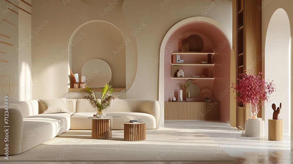 3d mockups scene for modern living room, in the style of pastel toned, arched doorways, light emerald and light brown, organic texture, light crimson and beige, modern 3d mockups scene for modern living room, in the style of pastel toned, arched doorways, light emerald and light brown, organic texture, light crimson and beige, modern