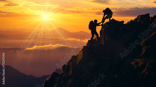 冒険好きな登山家が日の出とともに登頂する。チームワークで困難な状況を打破するイメージ。 © Imaging L