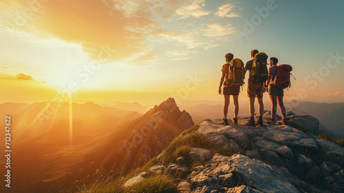 冒険好きな登山家が日の出とともに登頂する。チームワークで困難な状況を打破するイメージ。 © Imaging L
