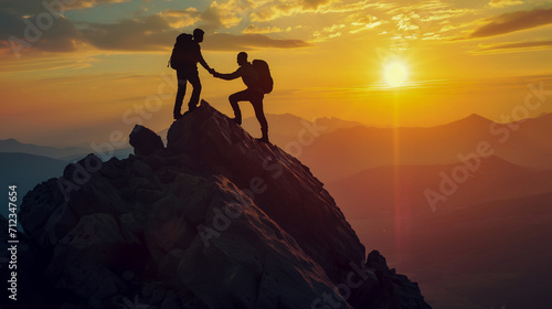 冒険好きな登山家が日の出とともに登頂する。チームワークで困難な状況を打破するイメージ。