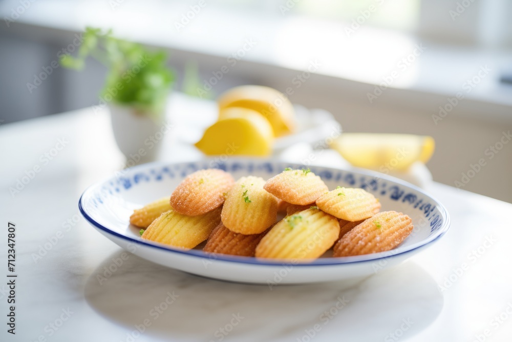 madeleines with lemon zest topping on a ceramic dish