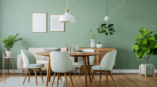 デザイナー家具と室内緑を備えたモダンでおしゃれなダイニングスペース。リラックスできる雰囲気。 © Imaging L