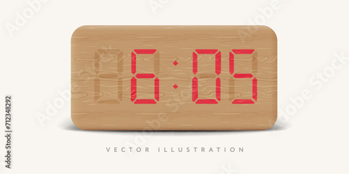 Realistic modern wooden digital clock, mockup frontal view, vector illustration