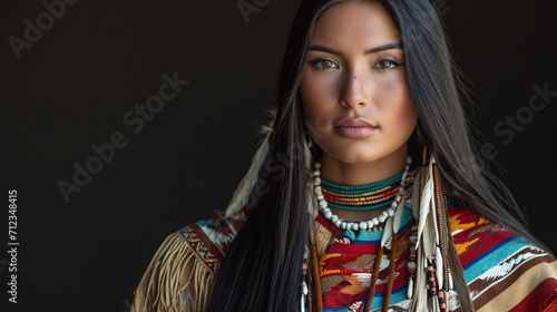 Portrait of American Indian woman in traditional costume. 
