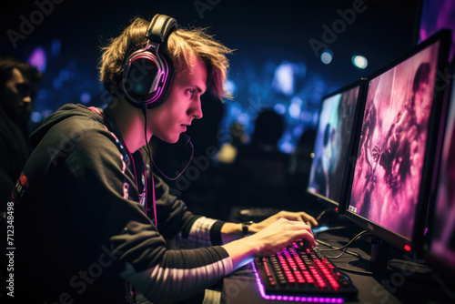 A young gamer with headphones is sitting at a computer and playing competitions