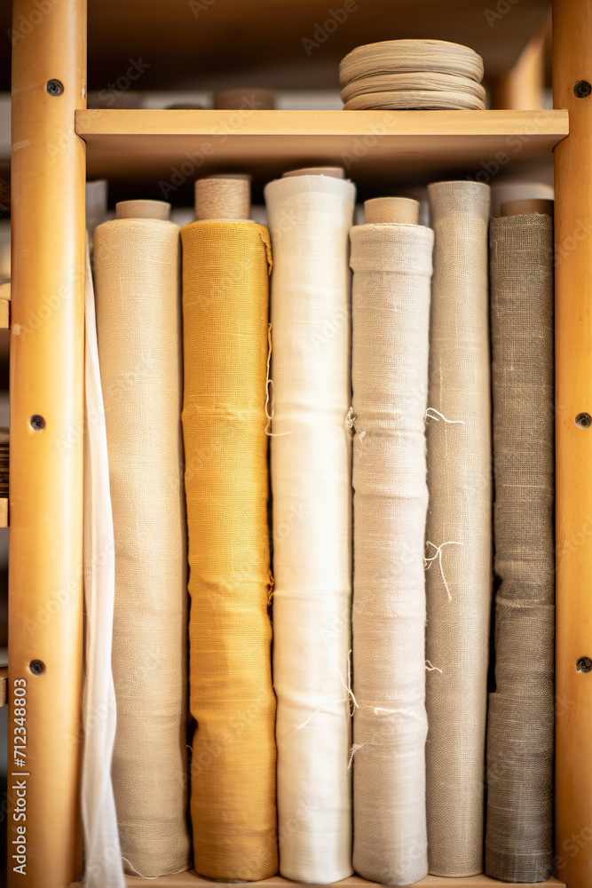 Rolls of fabric in a wooden shelf in a tailor shop. Rolls of fabric in a wooden shelf in a tailor shop.