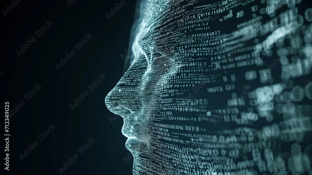 Artificial intelligence creates a visual representation in the form of a human head made of white-colored symbols and icons