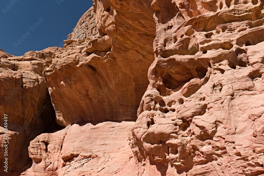 Detail of rock formations in the Tadrart Rouge rocky mountain range in Tassili n Ajjer National Park. Sahara desert, Algeria, Africa.