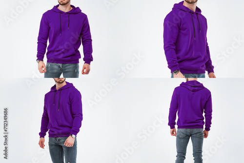 A young man with a beard models a colorful hoodie in a studio. The sweatshirt is a blank template for printing designs. The photo shows the front and back views of the streetwear fashion.